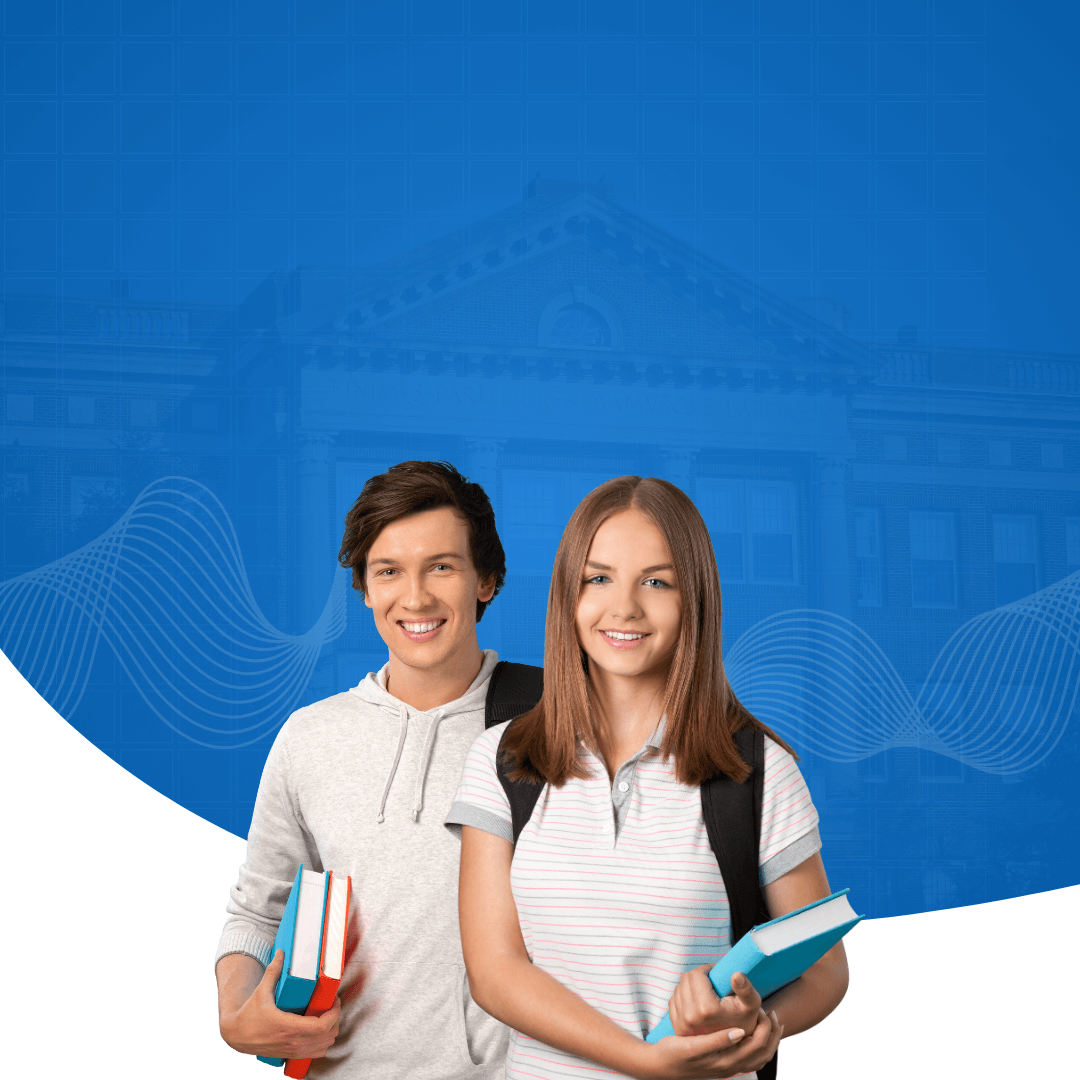 Two younger students holding books and wearing backpacks