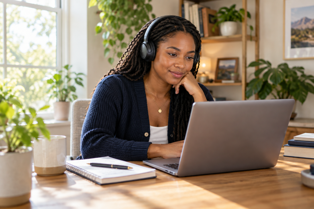Original Emanon visual of an adult learner using headphones and a laptop at home.